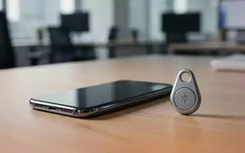 Ein modernes Smartphone liegt neben einem minimalistischen Bluetooth-Tracker auf einem Schreibtisch. - Foto: über boerse-global.de