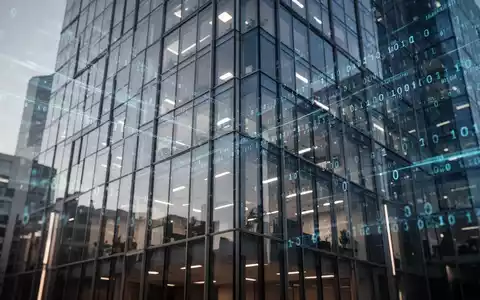 Abstrakte digitale Datenschnittstellen und binäre Codes vor einem modernen Bürogebäude als Symbol für KI-Transparenz. - Foto: über boerse-global.de