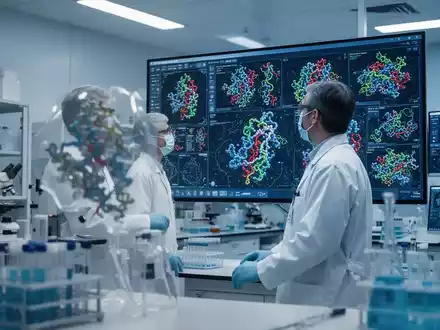 Ein Wissenschaftler betrachtet komplexe Proteinstrukturen auf einem Monitor in einem modernen medizinischen Labor. - Foto: über boerse-global.de