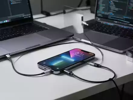 Ein iPhone ist über ein Kabel mit einem Laptop verbunden, um eine Systemwiederherstellung durchzuführen. - Foto: über boerse-global.de