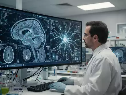 Wissenschaftler betrachtet komplexe Gehirnscans auf einem digitalen Bildschirm in einem modernen Forschungslabor. - Foto: über boerse-global.de
