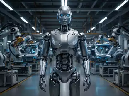 Ein hochmoderner humanoider Roboter steht in einer technologisch fortschrittlichen Automobil-Fertigungshalle. - Foto: über boerse-global.de