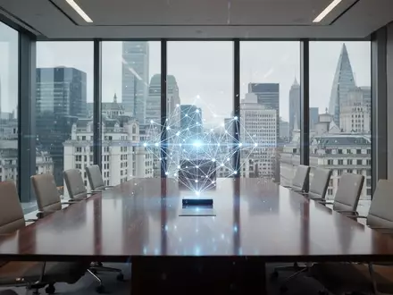 Moderner, professioneller Finanzvorstandssaal mit digitalem Netzwerkknoten auf einem Tisch, der Blockchain-Technologie repräsentiert. - Foto: über boerse-global.de