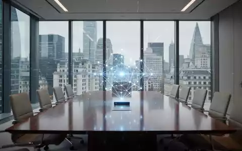 Moderner, professioneller Finanzvorstandssaal mit digitalem Netzwerkknoten auf einem Tisch, der Blockchain-Technologie repräsentiert. - Foto: über boerse-global.de