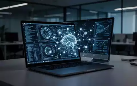 Ein Laptop in einem modernen Büro zeigt digitale Datenströme und neuronale Netzwerke als Symbol für Schatten-KI-Risiken. - Foto: über boerse-global.de