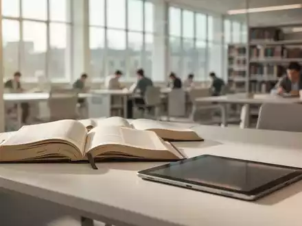 Moderner Lernbereich in einer Bibliothek mit Büchern und einem Tablet, symbolisch für Bildung und Resilienz. - Foto: über boerse-global.de