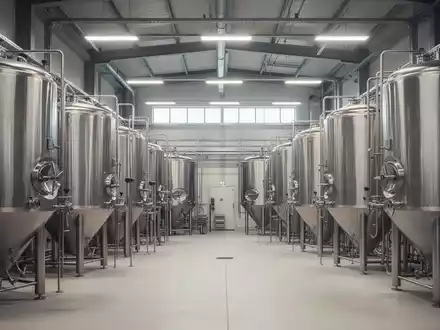 Moderne, leere Industriehalle einer Brauerei mit glänzenden Edelstahltanks in professioneller, stimmungsvoller Beleuchtung. - Foto: über boerse-global.de