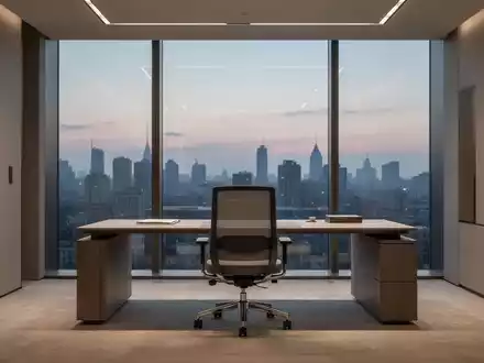 Ein minimalistisches, modern eingerichtetes Chefbüro in der Abenddämmerung mit Fokus auf eine ruhige, aufgeräumte Atmosphäre. - Foto: über boerse-global.de