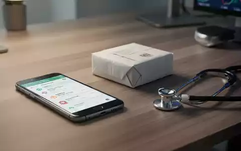 Ein Smartphone mit einer digitalen Apotheken-App neben einem kleinen Paket und einem Stethoskop auf einem Schreibtisch. - Foto: über boerse-global.de