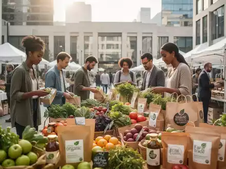 Menschen beim nachhaltigen Einkauf von fair gehandelten Produkten auf einem modernen städtischen Marktplatz. - Foto: über boerse-global.de