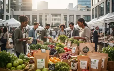 Menschen beim nachhaltigen Einkauf von fair gehandelten Produkten auf einem modernen städtischen Marktplatz. - Foto: über boerse-global.de