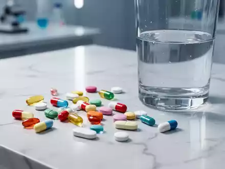 Bunte Vitaminkapseln und Tabletten auf einer weißen Marmoroberfläche in einer sterilen Laborumgebung. - Foto: über boerse-global.de