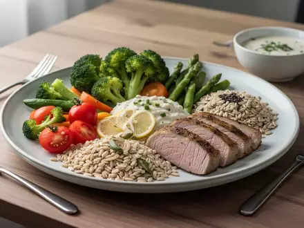 Eine ausgewogene Mahlzeit mit frischem Gemüse und Vollkornprodukten auf einem Holztisch, Fokus auf Nährstoffqualität. - Foto: über boerse-global.de