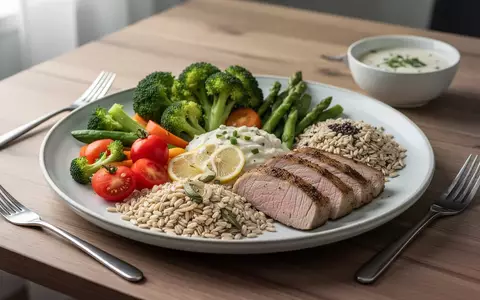 Eine ausgewogene Mahlzeit mit frischem Gemüse und Vollkornprodukten auf einem Holztisch, Fokus auf Nährstoffqualität. - Foto: über boerse-global.de