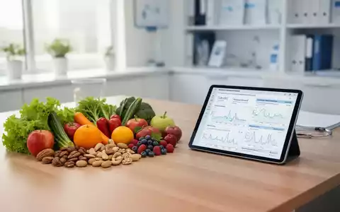 Frische Lebensmittel und ein Tablet mit medizinischen Gesundheitsdaten auf einem Schreibtisch. - Foto: über boerse-global.de
