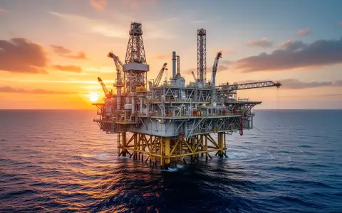 Moderne Offshore-Öl- und Gasplattform vor einem dramatischen Sonnenaufgang auf hoher See. - Foto: über boerse-global.de