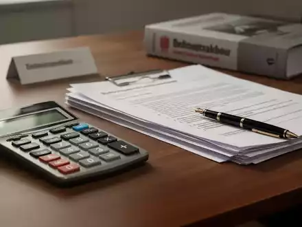 Schreibtisch mit Taschenrechner, Füller und juristischen Unterlagen zum Arbeitsrecht. - Foto: über boerse-global.de