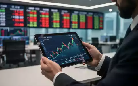 Geschäftsmann analysiert Finanzdaten auf einem Tablet vor einem verschwommenen Aktien-Ticker - Foto: über boerse-global.de