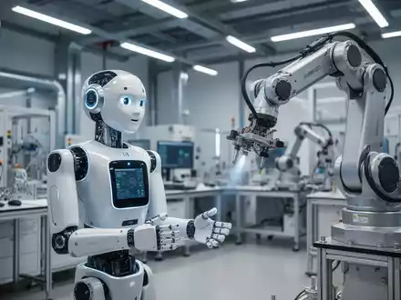 Ein humanoider Roboter arbeitet in einem modernen deutschen Robotik-Forschungslabor neben automatisierter Industrieausrüstung. - Foto: über boerse-global.de