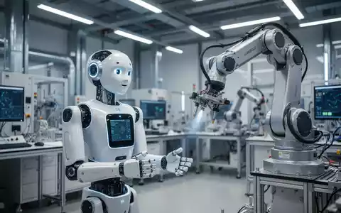 Ein humanoider Roboter arbeitet in einem modernen deutschen Robotik-Forschungslabor neben automatisierter Industrieausrüstung. - Foto: über boerse-global.de