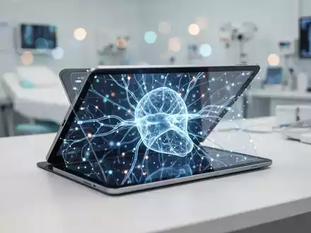 Modernes Tablet mit einer abstrakten medizinischen KI-Netzwerk-Grafik in einer hellen, professionellen Arztpraxis. - Foto: über boerse-global.de