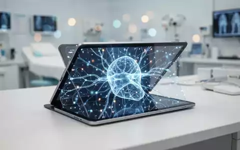 Modernes Tablet mit einer abstrakten medizinischen KI-Netzwerk-Grafik in einer hellen, professionellen Arztpraxis. - Foto: über boerse-global.de