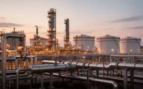 Moderne Ölraffinerie bei Dämmerung mit industriellen Anlagen und Pipelines vor einem orangefarbenen Abendhimmel. - Foto: über boerse-global.de