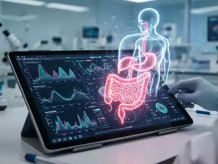 Digitales Tablet mit medizinischen Datenanalysen und einer holografischen Darstellung des Verdauungssystems in einem Labor. - Foto: über boerse-global.de