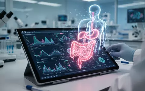 Digitales Tablet mit medizinischen Datenanalysen und einer holografischen Darstellung des Verdauungssystems in einem Labor. - Foto: über boerse-global.de