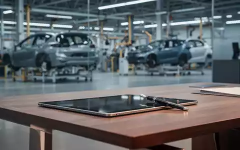 Modernes, minimalistisches Büro mit verschwommenem Hintergrund einer Automobilfabrik als Symbol für industrielle Restrukturierung. - Foto: über boerse-global.de