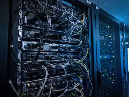 Moderne Server-Racks in einem Rechenzentrum mit blauer Beleuchtung, die technologische Infrastruktur symbolisieren. - Foto: über boerse-global.de