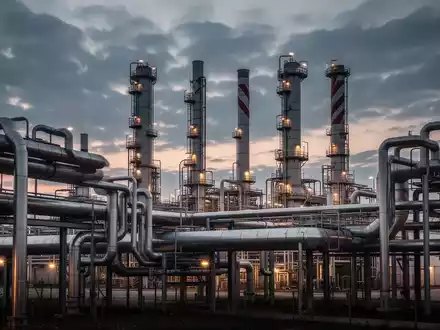 Industriekomplex der BASF in Ludwigshafen bei Dämmerung mit markanten Rohrleitungen und Industrieanlagen. - Foto: über boerse-global.de