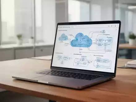 Ein moderner Schreibtisch mit einem Laptop, auf dem IT-Infrastrukturdiagramme und Migrationskonzepte zu sehen sind. - Foto: über boerse-global.de