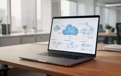 Ein moderner Schreibtisch mit einem Laptop, auf dem IT-Infrastrukturdiagramme und Migrationskonzepte zu sehen sind. - Foto: über boerse-global.de