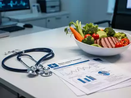 Ein medizinischer Schreibtisch mit Stethoskop und gesunder Ernährung neben einem wissenschaftlichen Bericht. - Foto: über boerse-global.de