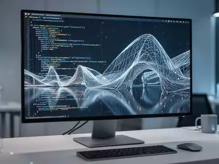 Ein moderner Arbeitsplatz mit einem Monitor, der abstrakten Programmcode und digitale Architektur in blauem Licht zeigt. - Foto: über boerse-global.de