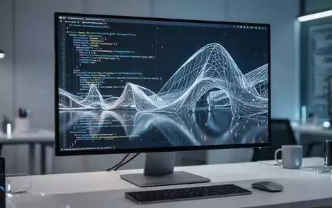 Ein moderner Arbeitsplatz mit einem Monitor, der abstrakten Programmcode und digitale Architektur in blauem Licht zeigt. - Foto: über boerse-global.de