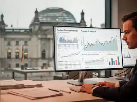 Ein professioneller Arbeitsplatz mit Finanzgrafiken zur Rentenreform auf einem Monitor vor einem Regierungsgebäude. - Foto: über boerse-global.de