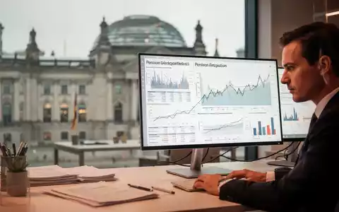 Ein professioneller Arbeitsplatz mit Finanzgrafiken zur Rentenreform auf einem Monitor vor einem Regierungsgebäude. - Foto: über boerse-global.de