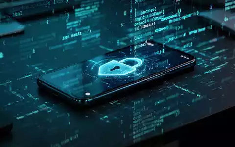 Ein modernes Android-Smartphone auf einem dunklen Schreibtisch mit digitalen Code-Reflektionen als Symbol für mobile Malware. - Foto: über boerse-global.de