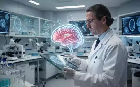 Wissenschaftler betrachtet eine holografische Gehirn-Visualisierung in einem modernen medizinischen Forschungslabor. - Foto: über boerse-global.de