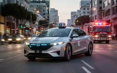 Ein autonomes Robotaxi auf einer Straße in San Francisco, im Hintergrund sind Blaulichter eines Einsatzfahrzeugs zu sehen. - Foto: über boerse-global.de