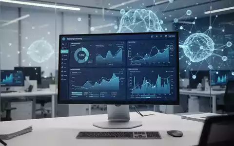 Ein moderner Büroarbeitsplatz mit einem Monitor, auf dem komplexe Finanzdaten und KI-basierte Reporting-Workflows zu sehen sind. - Foto: über boerse-global.de