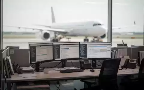 Blick aus einem Büro auf das Flughafengelände mit einem Flugzeug vor einem modernen Terminal. - Foto: über boerse-global.de
