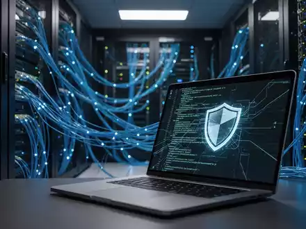 Digitale Sicherheitsdarstellung mit Serverraum und abstraktem Code als Metapher für KI-Schwachstellen in Unternehmenssoftware. - Foto: über boerse-global.de