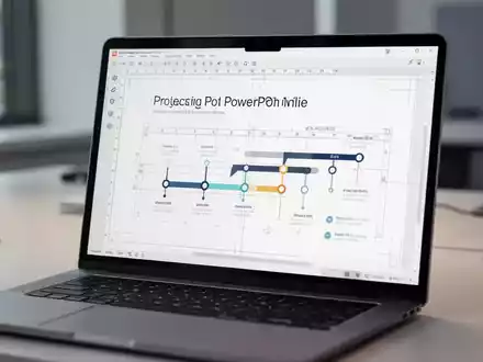 Laptop-Bildschirm mit professionellen PowerPoint-Design-Tools, Linealen und einer Projektzeitplan-Infografik. - Foto: über boerse-global.de