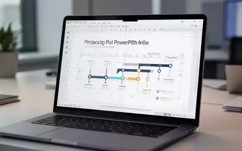 Laptop-Bildschirm mit professionellen PowerPoint-Design-Tools, Linealen und einer Projektzeitplan-Infografik. - Foto: über boerse-global.de
