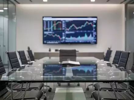 Modernes Büro einer Bank mit Besprechungstisch und unscharfen Finanzgrafiken im Hintergrund. - Foto: über boerse-global.de