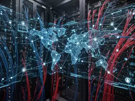 Dunkler High-Tech-Serverraum mit leuchtenden Glasfaserkabeln und digitalem Code auf einem Bildschirm, der Cyber-Spionage darstellt. - Foto: über boerse-global.de