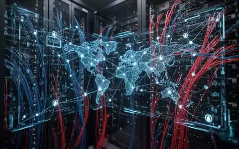 Dunkler High-Tech-Serverraum mit leuchtenden Glasfaserkabeln und digitalem Code auf einem Bildschirm, der Cyber-Spionage darstellt. - Foto: über boerse-global.de